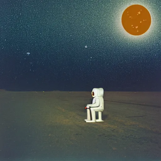 Prompt: photograph of a lonely astronaut sitting at remote bus stop at night, a glowing meteor behind him, overhead lighting, tranquil, desolate, hazy, atmospheric, autochrome