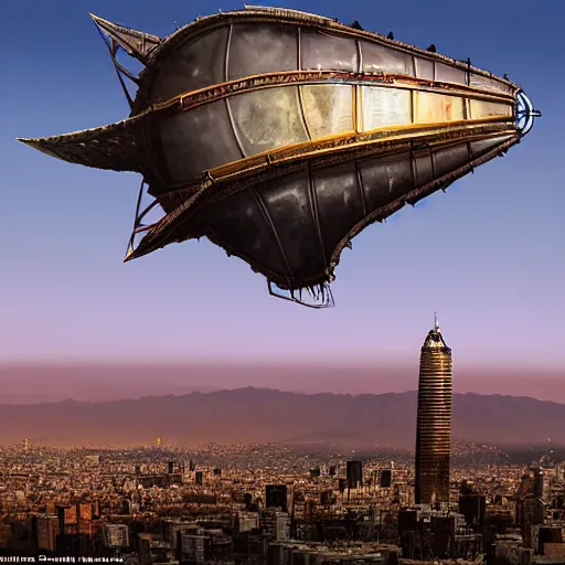 Prompt: a steampunk airship flies over santiago of chile, purple dawn, costanera center, by greg rutkowski and ivan shishkin