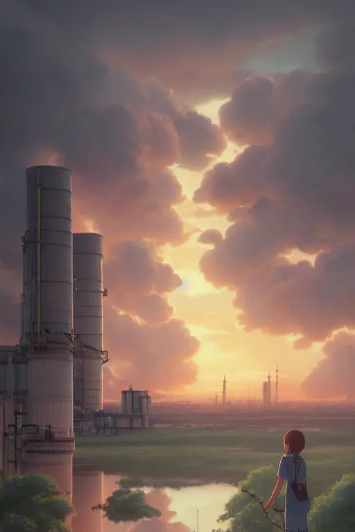 Prompt: a highly detailed matte painting of a girl watching nuclear power plant fire by studio ghibli, makoto shinkai, by artgerm, by wlop, by greg rutkowski, volumetric lighting, octane render, 4 k resolution, trending on artstation, masterpiece