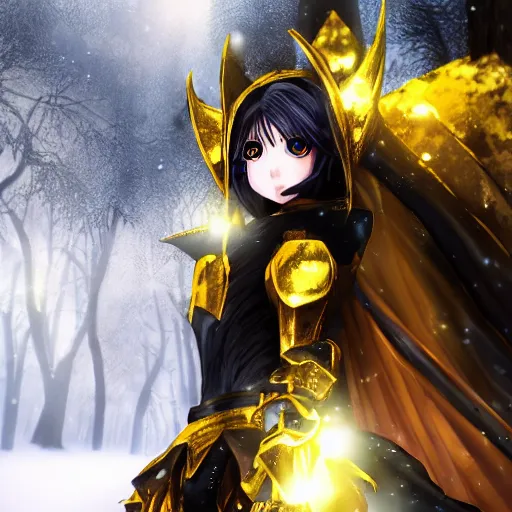 Image similar to focus face portrait of beautiful darkness knight 3D anime girl, posing, golden armor wearing, dark forest background, snowing, bokeh, inspired by Masami Kurumada, digital painting, high contrast, unreal engine render, volumetric lighting, high détail