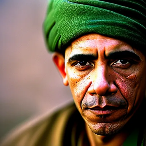 Image similar to portrait of president barack obama as afghan man, green eyes and red turban looking intently, photograph by steve mccurry