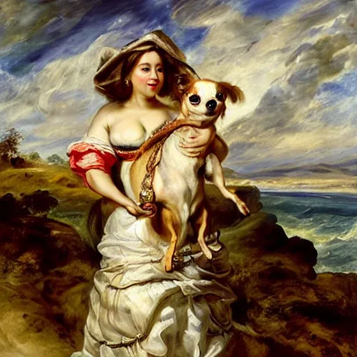 Image similar to heavenly summer sharp land sphere scallop well dressed lady walking her chihuahua on a leash auslese, by peter paul rubens and eugene delacroix and karol bak, hyperrealism, digital illustration, fauvist, chihuahua on a leash