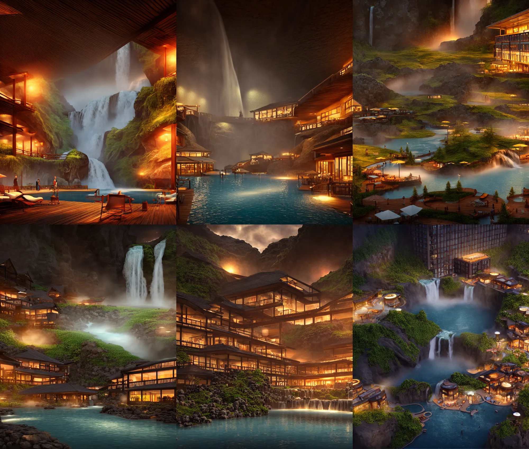 Prompt: establishing wide shot inside resort hotel, beside the combination of iceland hot springs and yangtze river waterfalls, movie still, beautiful night light, soft sunbeam, travel ad, detailed concept art, artstation, realistic, fine details, 4 k, unreal engine, hyperrealism, detailed textures