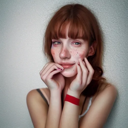 Image similar to portrait of a cute thin young woman, red blush, cute freckles wearing casual clothes, small smile, relaxing on a couch, cozy living room, close up shot, 8 k, art by irakli nadar, hyperrealism, hyperdetailed, ultra realistic