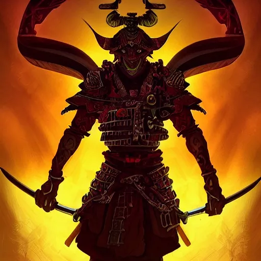 Prompt: A digital intricate illustration concept art of samurai baphomet inspired art by Renato muccillo and Andreas Rocha and Johanna Rupprecht + dofus colors, wakfu colors + symmetry + greco-roman art, intricate complexity, epic composition, magical atmosphere, highly detailed, cinematic lighting + masterpiece, trending on artstation + 8k