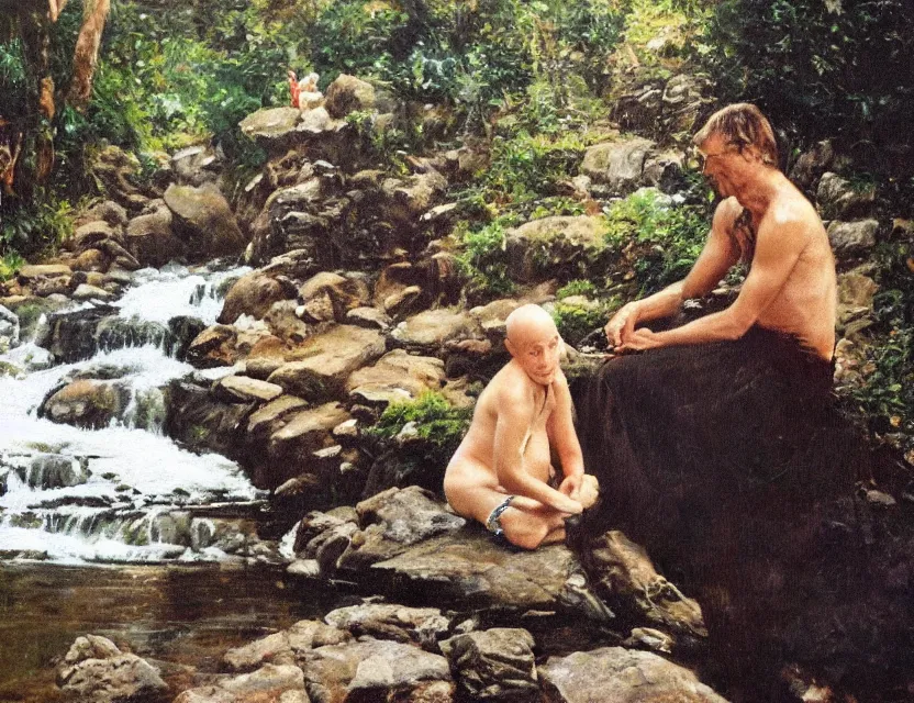 Image similar to by steve hanks, by serov valentin, by lisa yuskavage, by andrei tarkovsky, by terrence malick focused monk sits near waterfall, polaroid, vintage, soft lights, foggy, oil on canvas