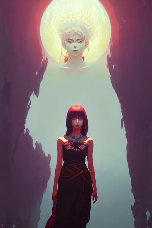 Image similar to extremely beautiful panting of goddess of the realm of the dead, by ilya kuvshinov, greg rutkowski and makoto shinkai, trending on artstation