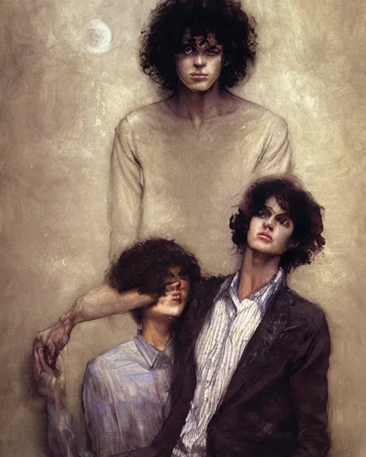 Prompt: two handsome but creepy young people in layers of fear, with haunted eyes and curly hair, 1 9 7 0 s, seventies, wallpaper, a little blood, moonlight showing injuries, delicate embellishments, painterly, offset printing technique, by coby whitmore, jules bastien - lepage, mary jane ansell