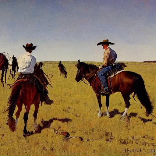 Prompt: a western plains landscape with 4 riders in the distance painted by Norman Rockwell