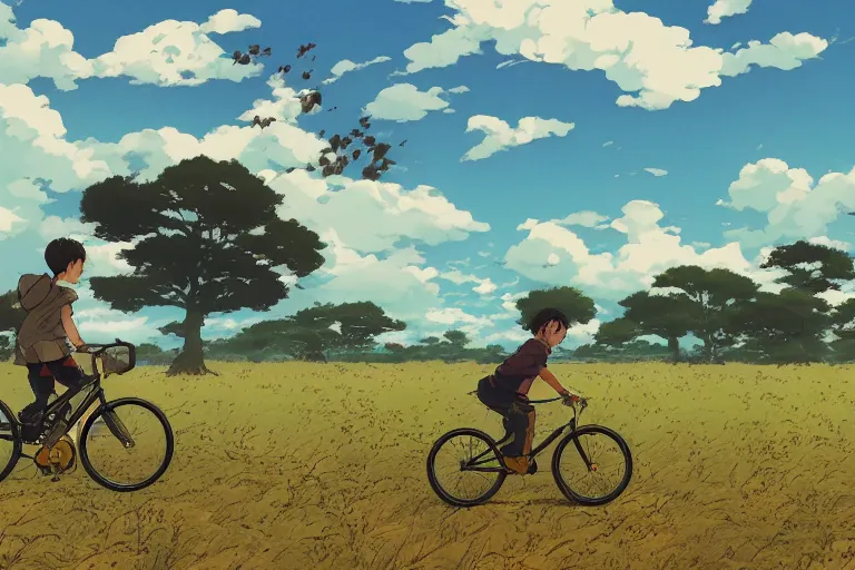 Image similar to a boy riding his bike through the plains of rural japan, high intricate details, rule of thirds, golden ratio, cinematic light, anime style, graphic novel by fiona staples and dustin nguyen, by beaststars and orange, peter elson, alan bean, studio ghibli, makoto shinkai