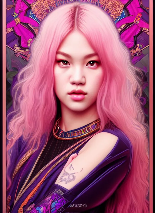 Image similar to jossi of blackpink, queen, tarot card, highly detailed, digital painting, smooth, sharp focus, illustration, ultra realistic, unreal engine, 8 k, art by artgerm and alphonse mucha