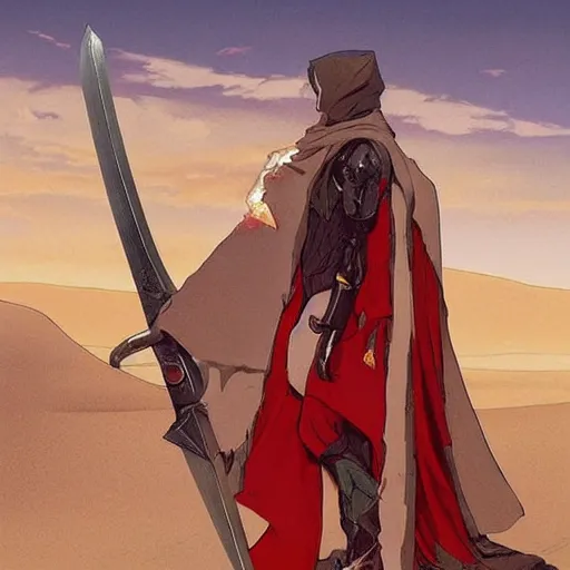Image similar to view from the back warrior holding two swords, full body worn out torn cape, red hoodie, worn out clothes, floating spiral sand, desert, full body shot, anime style, 90's modern art, art by artgerm and greg rutkowski and alphonse mucha