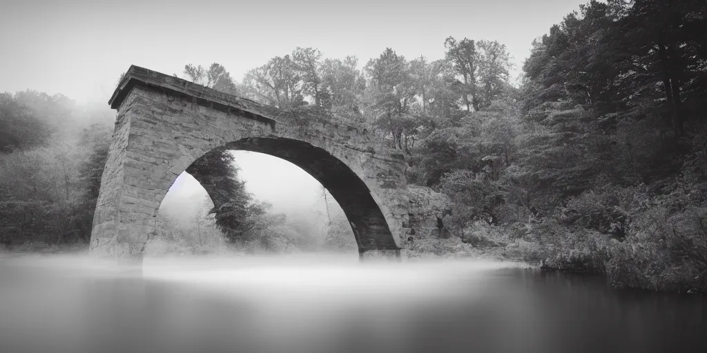 Image similar to still long exposure masterpiece photography of an antic arch bridge, emerging from the lake water, lomography, monochromatic, light blue shift, mist