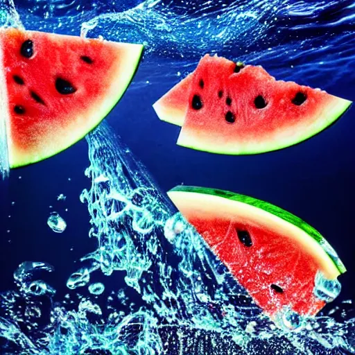 Prompt: an slice of watermelon under water ,sparkle and splash with water, award winning photo