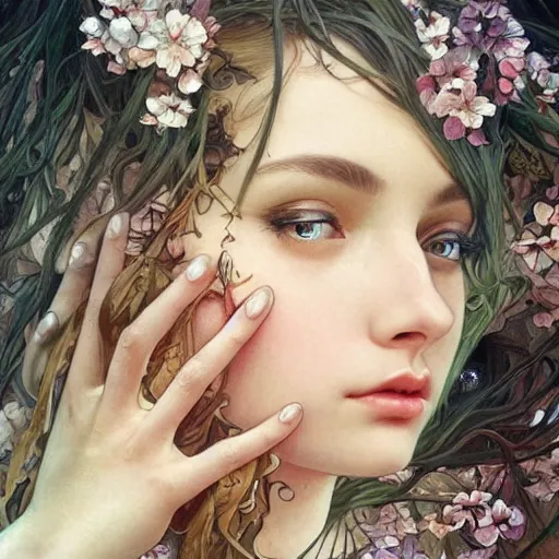 Image similar to a photograpic of lady nature, cute, fantasy, intricate, elegant, highly detailed, digital painting, artstation, concept art, smooth, sharp focus, illustration, art by artgerm and H R Giger and alphonse mucha