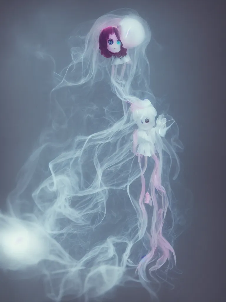 Image similar to cute fumo plush smiling ectoplasmic gothic macabre jellyfish ghost girl, glowing wisps of hazy smoke and volumetric fog, lens flare, vignette, bokeh, refraction, vray