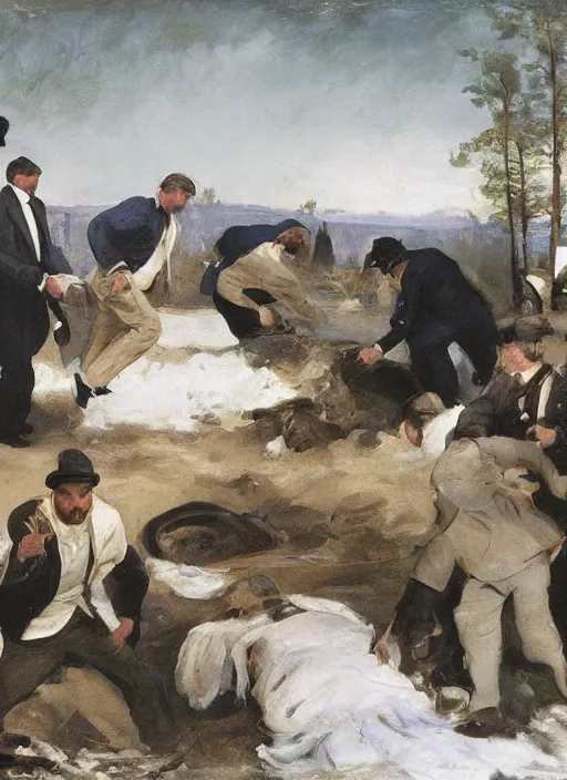 Image similar to artwork painting of the members of the mafia dumping a body by eugene von guerard, ivan shishkin, john singer sargent