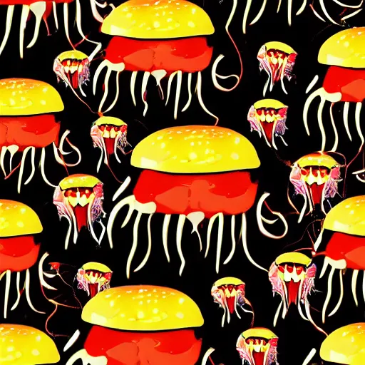 Image similar to hamburger mix jellyfish, cg, 8 k, sharp focus, style by andy warhol