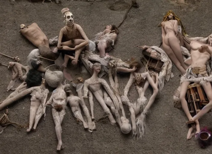 Image similar to sensual scene from art house film by alejandro jodorowsky, roger ballen and wes anderson : : surreal scene of an occult ritual in a picturesque outdoors setting : : mirrors, masks, costumes, snakes, smoke, burned dolls : : close - up of the actors'faces : : technicolor, 8 k