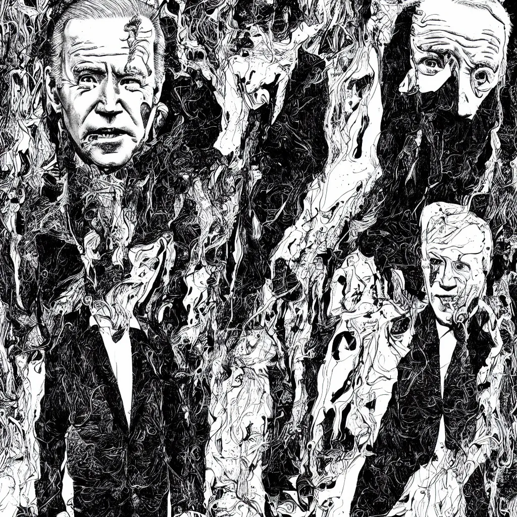 Image similar to Joe Biden full body portrait, body horror, black and white Illustration by Junji Ito