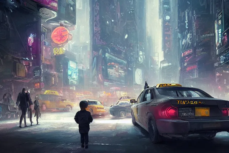 Prompt: beautiful matte painting of interior of taxi car in cyberpunk new york with a boy and his grandma robogran by greg rutkowski