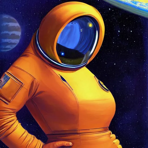 Image similar to curvy female astronaut at the space academy, digital painting, artstation, concept art, smooth, sharp focus, illustration, art by frank frazetta