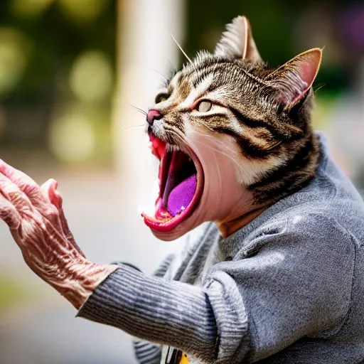 Image similar to elderly woman screaming at a cat, canon eos r 3, f / 1. 4, iso 2 0 0, 1 / 1 6 0 s, 8 k, raw, unedited, symmetrical balance, wide angle