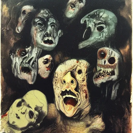 Prompt: landscape of Multiple faces all melting into one, horror, Francisco Goya and Francis Bacon painting. Andy Warhol and Beksiński masterpiece