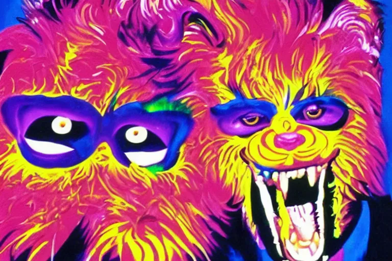 Image similar to lisa frank painting of willem dafoe at showbiz pizza 1 9 8 9