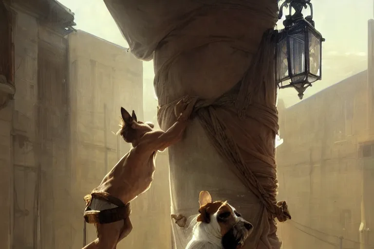 Image similar to a man tied to a pillar and jack russel terrier pissing on him, highly detailed, hyperrealistic digital painting, artstation, concept art, smooth, sharp focus, illustration, cinematic lighting, art by artgerm and greg rutkowski and alphonse mucha