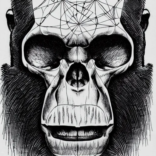 Image similar to a humanoid chimp skull hovering over a star pattern, 2 handguns are crossing in the middle of the picture ultra detailed, fine line pen drawing on parchment, symmetrical, stylish