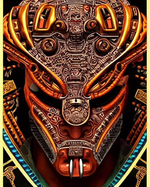 Prompt: portrait of a mayan masculine male cyberpunk jaguar warrior, machine face, upper half portrait, decorated with italian opera motifs, muscular, latin, geek mythology, wuxia, traditional mayan art, intricate intense elegant, highly detailed symmetry headpiece digital painting artstation concept art smooth sharp focus illustration, art by moebius and frank miller diego rivera 8 k