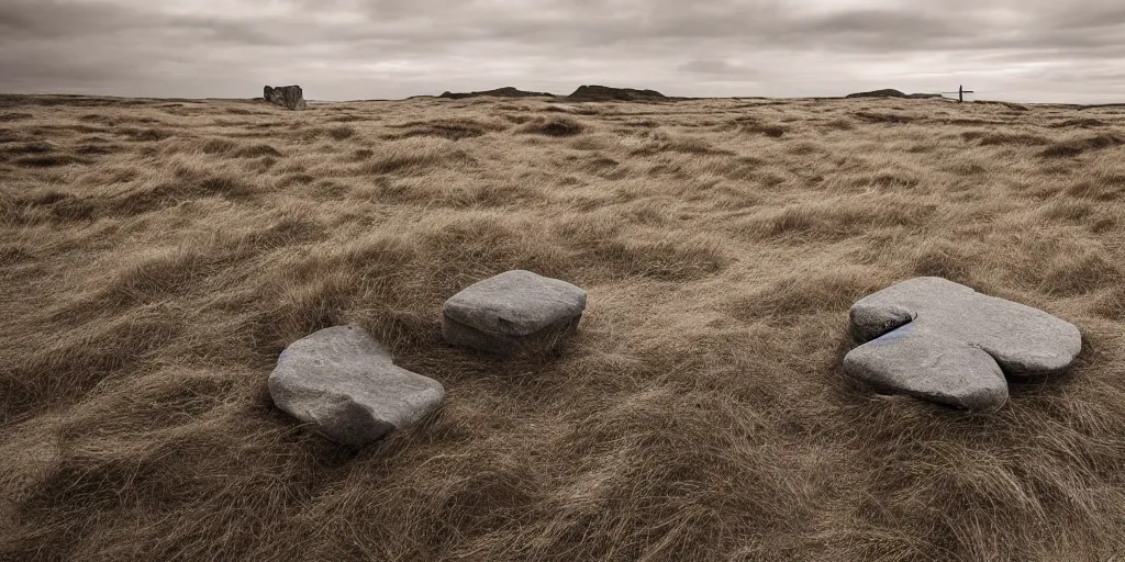 Image similar to a breathtaking photograph of windswept dunes scandinavian landscape, a withered ancient altar + stone in center, ultra wide shot, cinematic, 8 k, dramatic lighting