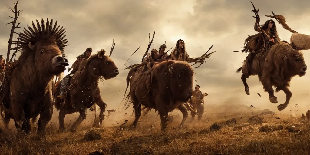 Image similar to wood punk, motorized indians attacking bisons, action scene, an epic western, dramatic lighting, cinematic, establishing shot, extremely high detail, photorealistic, cinematic lighting, artstation, octane render, old photo, buffalo hunt movie, alpha movie, western, ultra sharp, clean symmetrical faces, high detail, intricate,hypermaximalist,hyper realism