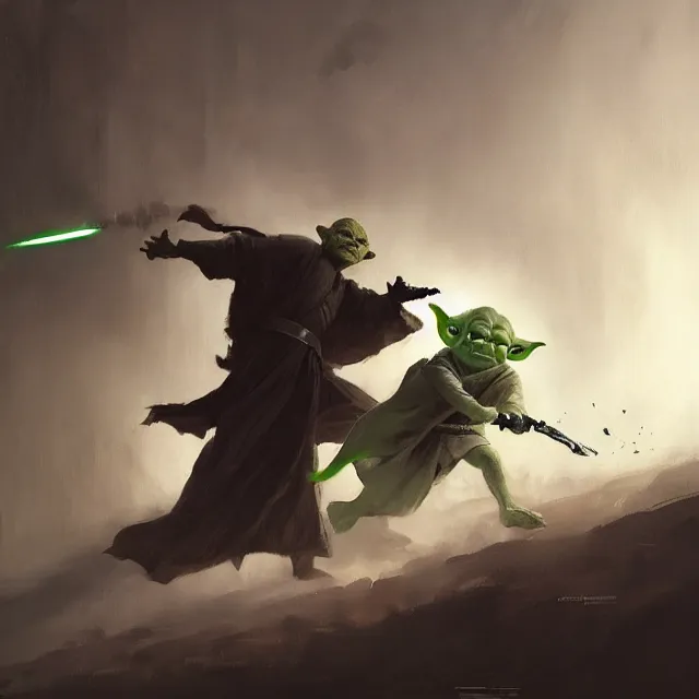 Prompt: a painting of yoda fighting darth vader by greg rutkowski, dark fantasy art, high detail, trending on artstation