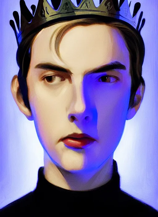 Image similar to portrait of teenage jughead jones wearing a light grey crown, crown, blue turtleneck, 1 9 5 0 s, closed eyes, photorealistic, black hair, glowing lighting, intricate, elegant, glowing lights, highly detailed, digital painting, artstation, concept art, smooth, sharp focus, illustration, art by wlop, mars ravelo and greg rutkowski