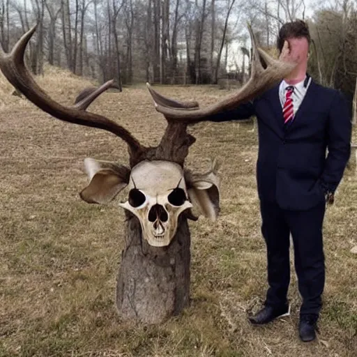 Image similar to a bible salesman with a deer skull for a head wearing a suit