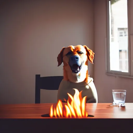 Image similar to a photograph of an humanlike relaxed dog in his house, sitting at a table, ☕ on the table, room is on fire, surrounded by flames, a lot of flames, smoke under the ceiling