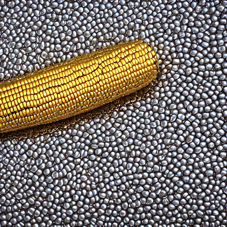 Image similar to a metal reflective chrome corn on the cob, film photo, soft lighting album cover, nostalgia, gradient, light reflection