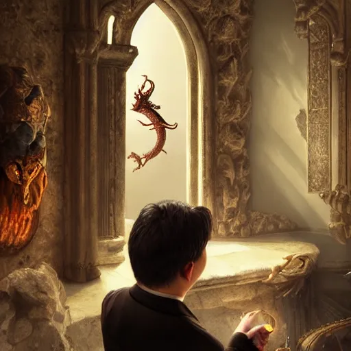 Prompt: michael mcintyre looking into a mirror in a castle, there is a dragon in the sky, anatomy, bathed in light, highly detailed, photorealistic, artstation, smooth, sharp focus, illustration, unreal engine 5, 8 k, art by artgerm and greg rutkowski and edgar maxence