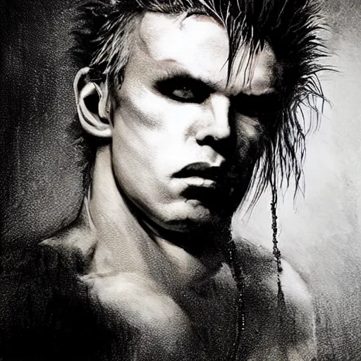 Image similar to stunning portrait of gaunt billy idol a ( the cure fan ) as dream from sandman, dim stars as eyes, by jeremy mann, by cedric peyravernay, by by russ mills, by richard avedon and ben templesmith, dramatic lightning, sadness, dark eye sockets, in the shadows, punk rock, gothic, high detailed, 8 k