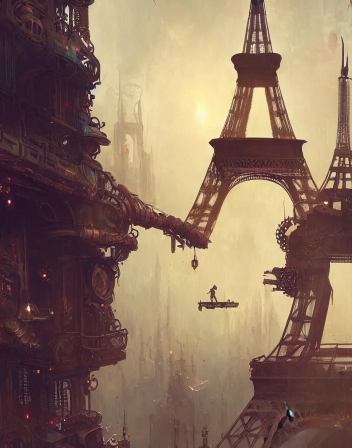 Image similar to a steampunk eiffel tower in heaven, steampunk dirty world, by wlop, greg rutkowski and beeple