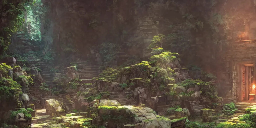 Prompt: a film still ancient hidden temple interior, discovery, adventure, medium shot, waist up, studio ghibli, pixar and disney animation, sharp, rendered in unreal engine 5, anime key art by greg rutkowski, bloom, dramatic lighting