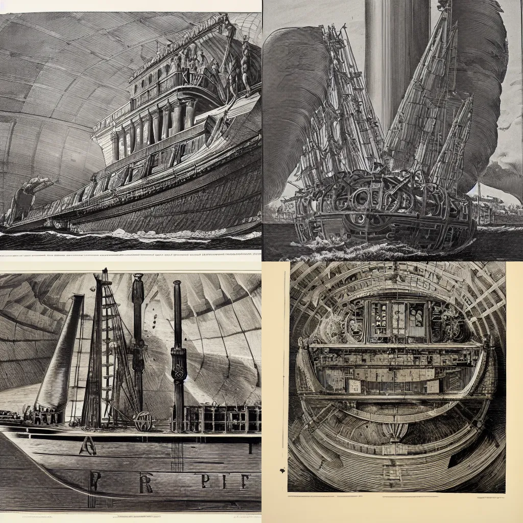 Prompt: Type VII U-boat, detailed cutaway, Giovanni Battista Piranesi, 1941, engraving, from the British Museum