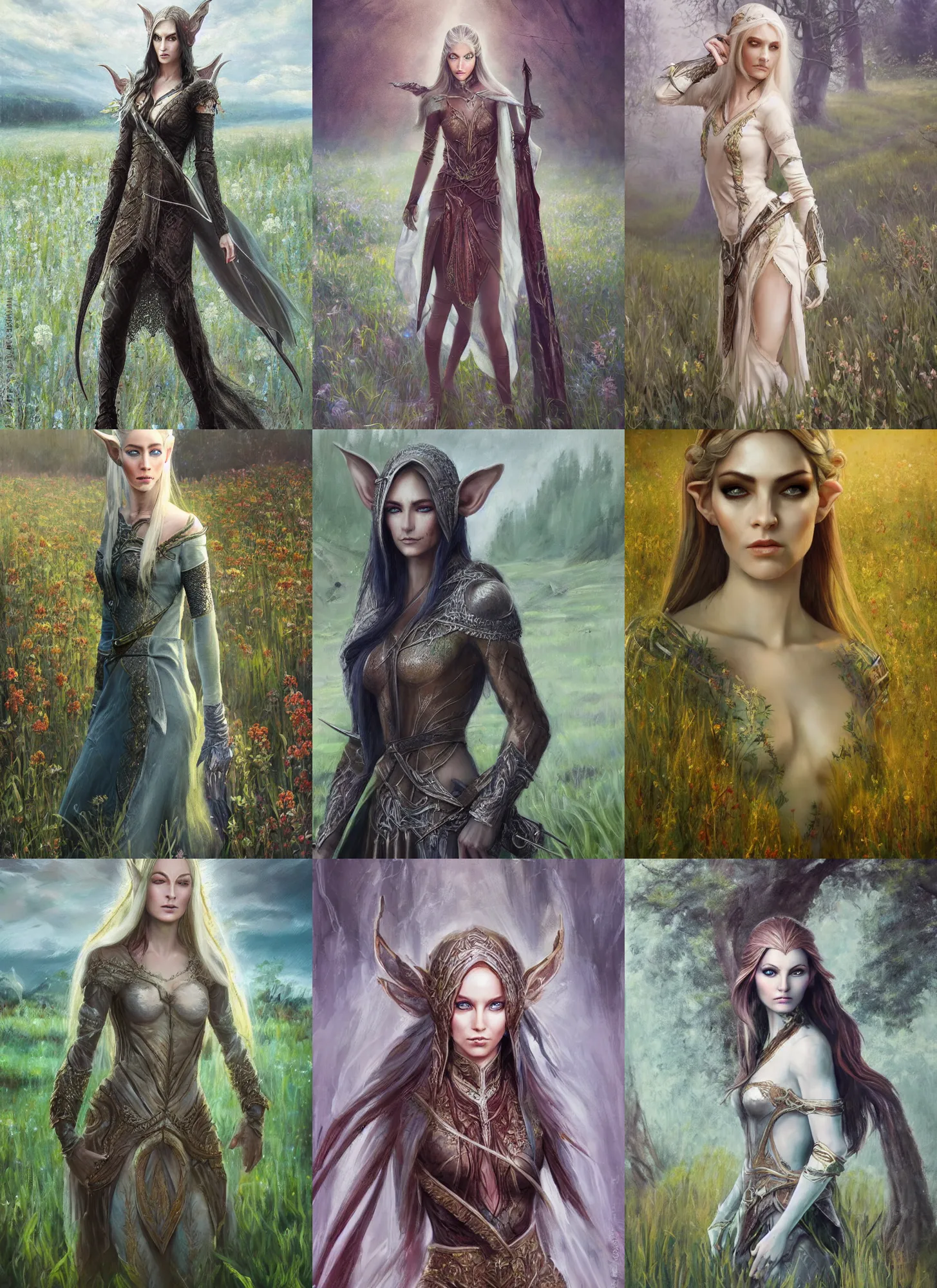 Prompt: a soft focus oil canvas painting of beautiful full body concept art, ultra beautiful face and realistic eyes, elven female rogue wearing full intricate clothing standing in a field