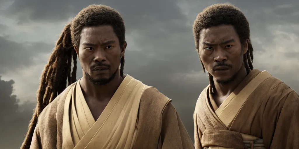 Image similar to a film still of a black man starring in a japanese blockbuster film as ancient samurai, intense, shallow depth of field, cinematic, award winning cgi, vfx, film still
