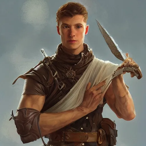 Image similar to portrait of a young rugged ranger holding his longsword up, hands, muscular, upper body, D&D, fantasy, intricate, elegant, highly detailed, digital painting, artstation, concept art, smooth, sharp focus, illustration, art by Artgerm and Greg Rutkowski and Alphonse Mucha