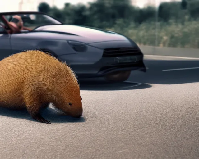 Prompt: capybara speeding in a convertible, octane render, photorealism, cgsociety