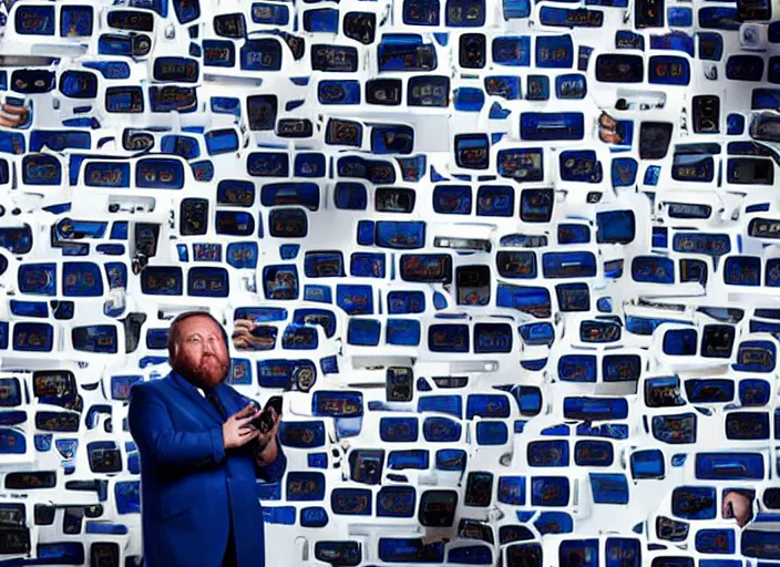 Image similar to dslr photo still of infowars host alex jones in a blue suit fat beard and mustache sitting depressed in a room filled to the ceiling with cell phones stacks of cell phones cell phones stacks cell phones filling the entire room, 5 2 mm f 5. 6
