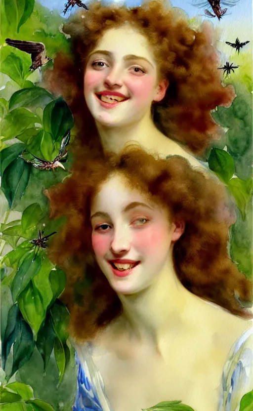 Image similar to the face of a young woman with marble complexion, angelic features, dancing curls around her face, her head raised in rapture, laughing, symmetrical eyes, watercolor by john singer sargent, background lush vegetation, insects and birds, 8 k uhd